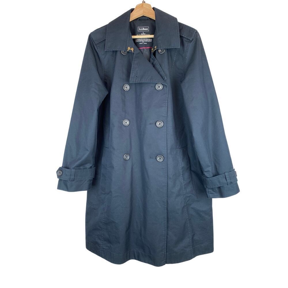 L.L. Bean‎ Women's L Black Double Breasted Trench Coat MISSING BELT *